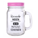 JARRA DE CRISTAL CON TAPADERA Y FRASES ALEGRES PARA REGALOS COMUNION - ROSA - PRIMERA COMUNIÓN CON FRASE RECUERDO MOLON